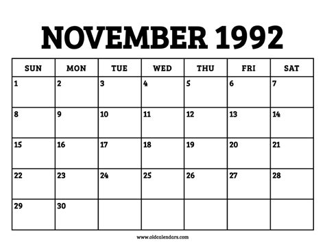 Calendar For November 1992
